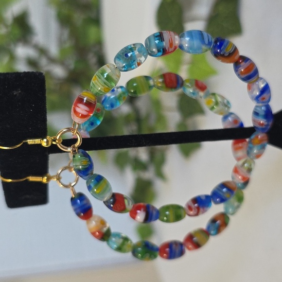Millefiori Art Glass Oval Bead Hoop Earrings - Picture 7 of 9